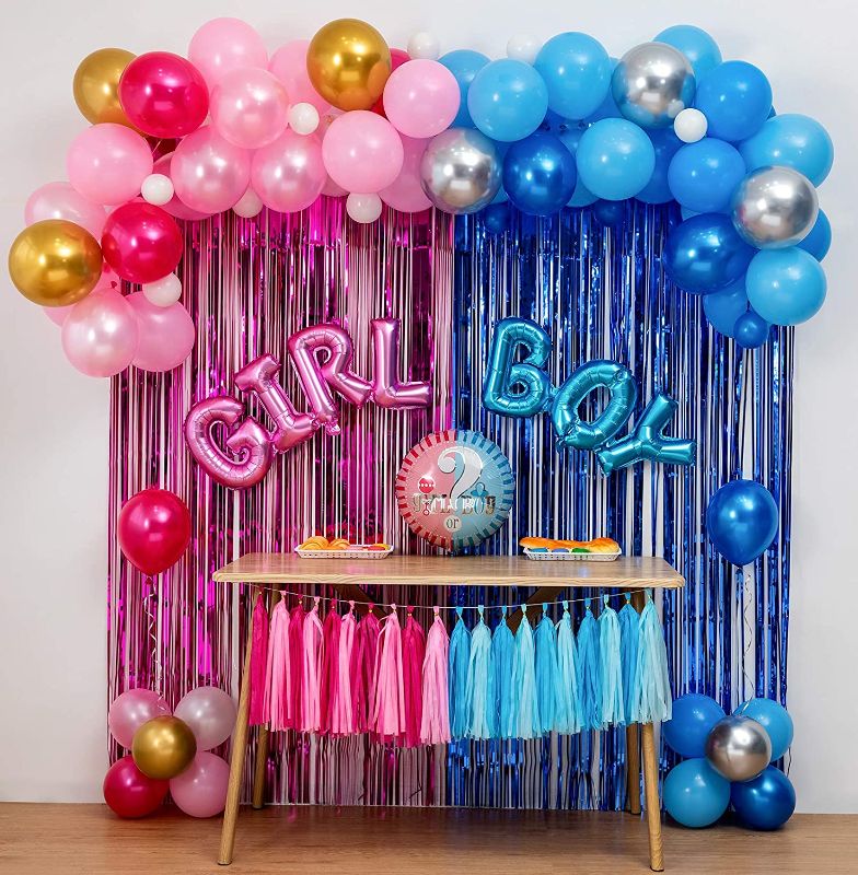 Photo 1 of Boy Or Girl Gender Reveal Party Decoration Set,&Balloons Arch Garland Kit(Blue Silver Pink Gold),Foil Balloons,Metallic Fringe Curtains,18 in gender reveal balloons,Paper tassel Garland,Balloon decoration tools,For Party Photo Backdrop (Pink/Blue) Shower 