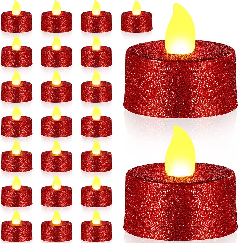 Photo 2 of Mudder 24 Packs Glitter Tea Light Candles Battery Operated Flameless LED Tealights Flickering Candle with Warm Yellow Light for Wedding Anniversary Party Decoration (Red)