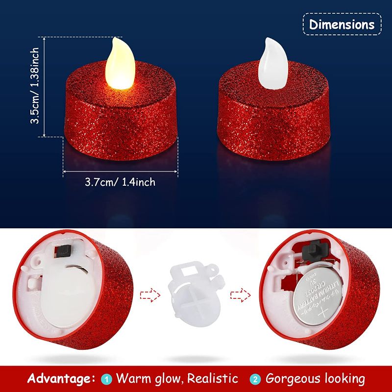Photo 3 of Mudder 24 Packs Glitter Tea Light Candles Battery Operated Flameless LED Tealights Flickering Candle with Warm Yellow Light for Wedding Anniversary Party Decoration (Red)