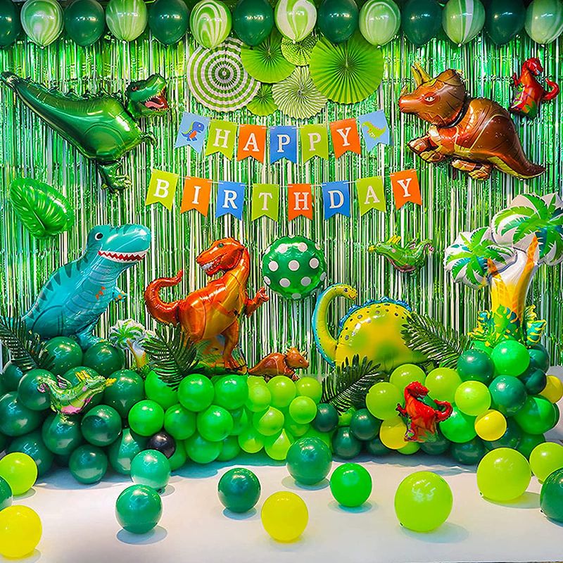 Photo 1 of GoGoGoodie Dinosaur Party Decorations-Three Rex Jurassic World Park Themed Birthday Decorations Green Balloons Arch Garland Kit Dino Foil Balloons HAPPY BIRTHDAY Banner Paper Fan Curtains for Boys