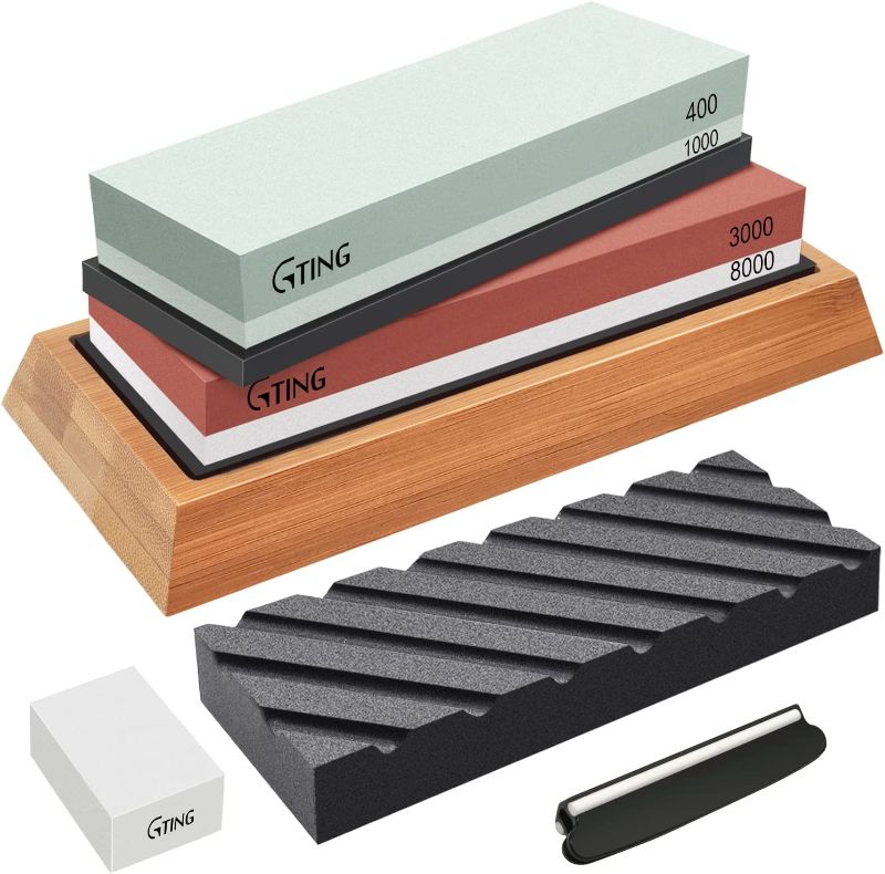 Photo 1 of Sharpening Stone Whetstone Knife Sharpener, G-TING 400/1000 and 3000/8000 Grit Knife Sharpening Kit Wet Stone with Flattening Stone, Angle Guide, Non Slip Bamboo Base for Kitchen Knives, Pocket Knife