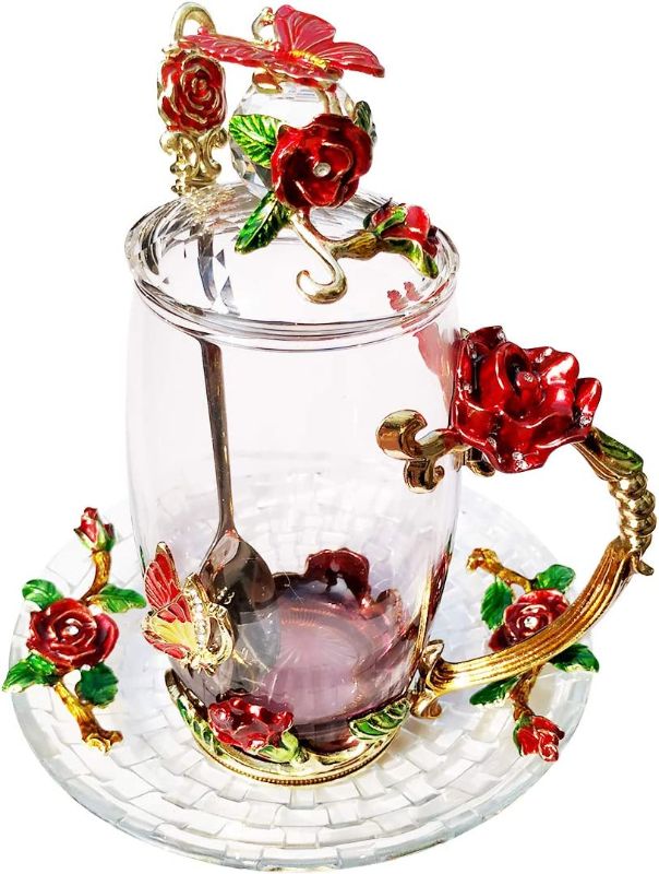 Photo 1 of LANTREE Fancy Glass Tea Cup with Lid Saucer Spoon Flower Coffee Mug Unique Christmas Gift Birthday Gift for Friend Female Mother-in-Low Daughter House Warming Gift(Tall Red)