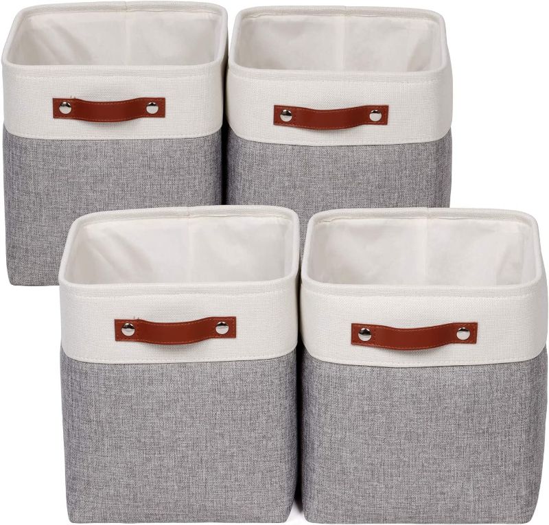 Photo 2 of Univivi 10.5 Inch Fabric Cube Bins, 4 Pack Storage Baskets with PU Handles for Shelves Closet Nursery Foldable Storage Bins for for Cube Organizer (Gray,10.5" x 10.5" x 11")