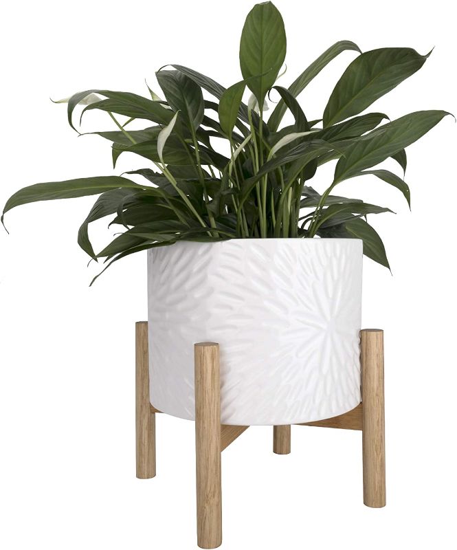 Photo 1 of LA JOLIE MUSE Planter with Stand Ceramic Plant Pot with Stand - 8 Inch Unique Modern Flower Pots Indoor with Wood Planter Holder with Drainage, Bright White