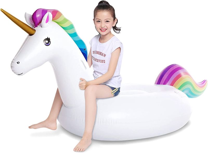 Photo 1 of Jasonwell Inflatable Unicorn Pool Float Floatie Ride On with Fast Valves Large Rideable Blow Up Summer Beach Swimming Pool Party Lounge Raft Decorations Toys Kids Adults