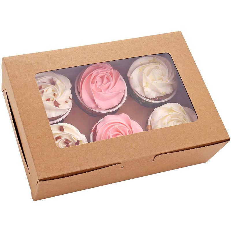 Photo 1 of 30-Set Cupcake Boxes with Inserts and Window Hold 6 Cupcakes, 9.4'' x 6.3'' x 3'', Brown Food Grade Kraft Cupcake Holder for Cookies, Muffins, Bakeries