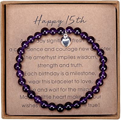 Photo 1 of 15 Year Old Girl Gifts for Birthday Amethyst Bead Bracelet with Sterling Silver Heart Charm 15th Birthday Gifts for Teen Girls with Card and Gift Box