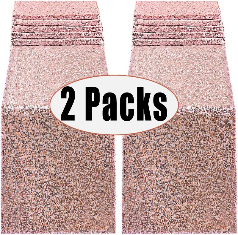 Photo 1 of FECEDY 2 Packs 12 x 108inch Glitter Rose Gold Sequin Table Runner for Birthday Wedding Engagement Bridal Shower Baby Shower Bachelorette Holiday Celebration Party Decorations
