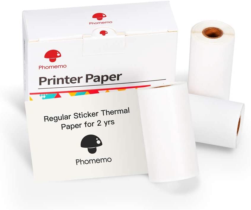 Photo 1 of Phomemo White Self-Adhesive Thermal Paper, Glossy Printable Sticker Paper for Phomemo M02/M02 Pro/M02S/M03 Bluetooth Pocket Mobile Printer, Black on White, 50mm x 3.5m, Diameter 30mm, 3-Rolls