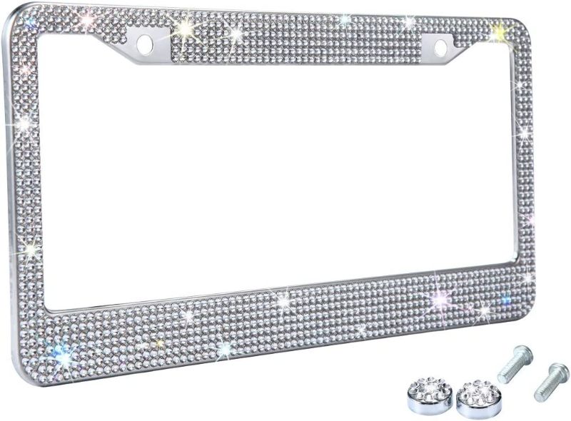 Photo 1 of White Rhinestone Bling License Plate Frame for Women, Metal Rust-Proof Car Plate Frame Cute Bling Car Accessories for Women Girls (1)