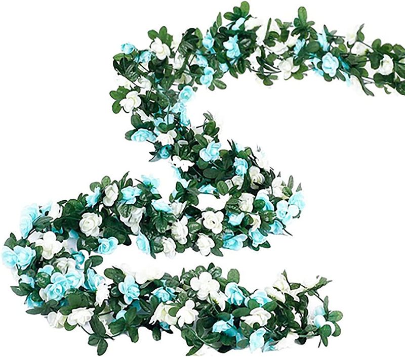 Photo 1 of  Artificial Flower Rose Vine Blue Flowers Hanging Garland Fake Silk Rose Ivy Spring Decor for Home Office Wedding Garden Background Wall (Blue & White)