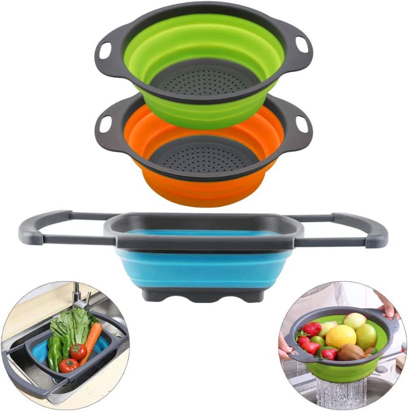 Photo 1 of QiMH Collapsible Colander Set of 3-2 PC 4 Quart and 1 PC 6 Quart Over the Sink Colander - Food-Grade Sturdy Plastic Base - Round Space-save Silicone Kitchen Foldable Food Strainer