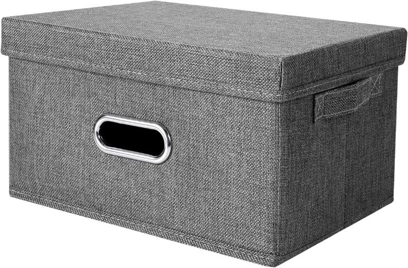 Photo 1 of ANMINY Storage Box with Handles Removable Lids PP Plastic Board Foldable Lidded Cotton Linen Home Storage Cubes Bins Baskets Closet Clothes Toys Organizer Containers - Gray, Large Size