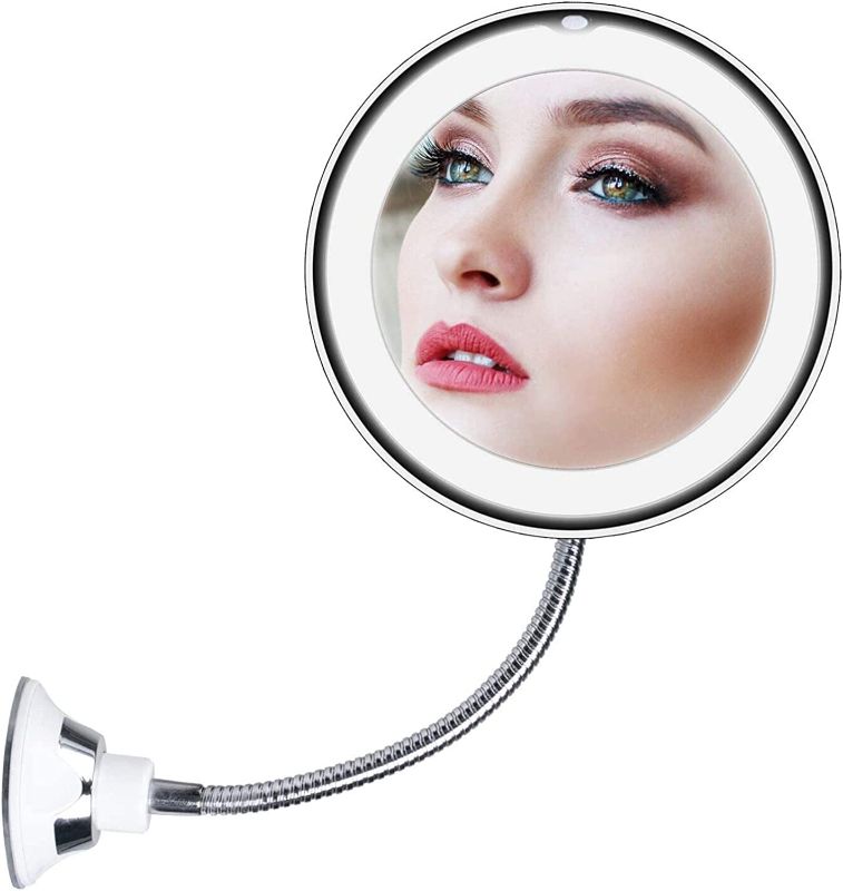 Photo 1 of Brightown 10x Magnifying LED Lighted Makeup Mirror with Suction, 10" Flexible Goose-Neck Wall Mirror with 360° Swivel, Cordless LED Vanity Mirror for Shower Bathroom