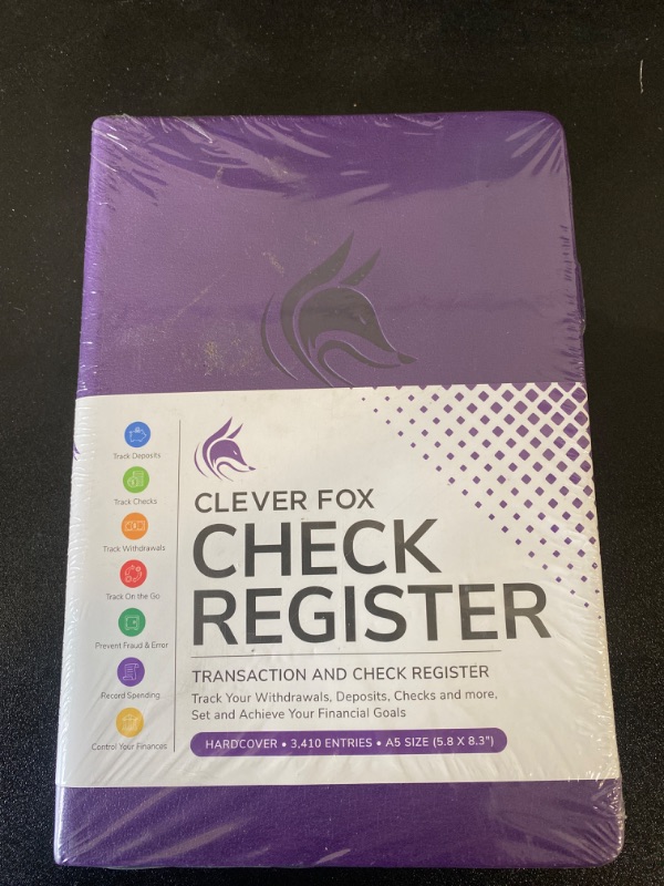 Photo 2 of Clever Fox Check Register – Deluxe Checkbook Log with Check & Transaction Registers, Bank Account Register Booklets for Personal and Work Use, A5 Hardcover - Purple