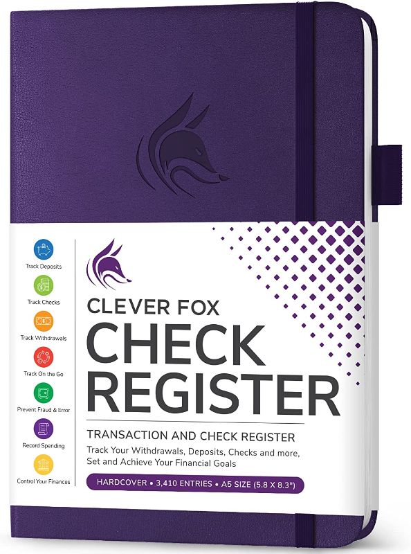 Photo 1 of Clever Fox Check Register – Deluxe Checkbook Log with Check & Transaction Registers, Bank Account Register Booklets for Personal and Work Use, A5 Hardcover - Purple