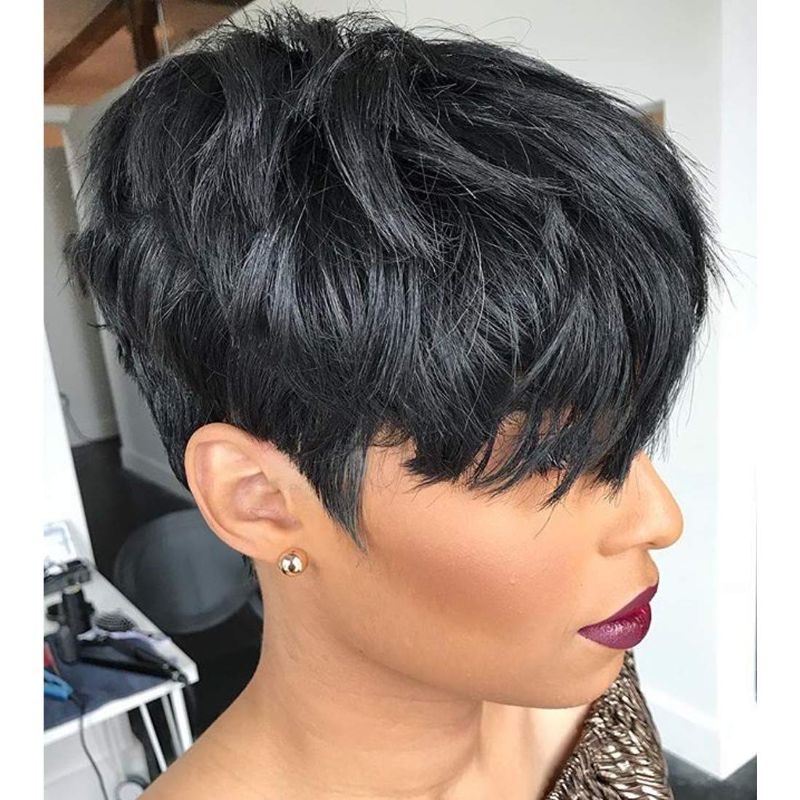 Photo 1 of Yviann Human Hair Short Wigs Pixie Cut Wigs with Bangs Short Black Layered Wavy Wigs for Women 1B Color