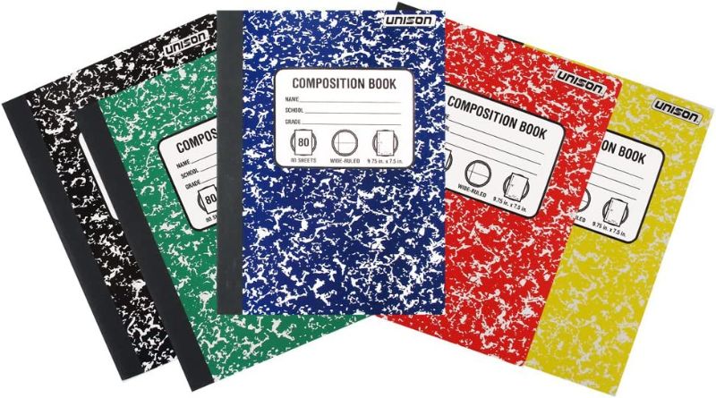 Photo 2 of Bundle of 5 Wide Ruled Marbled Composition Notebooks; 1 of Each Color ;Red, Blue, Green, Yellow and Black