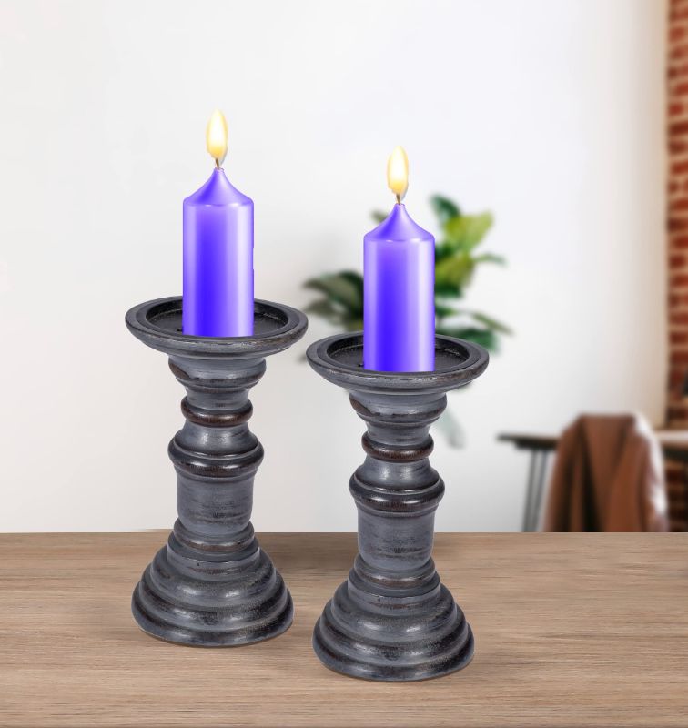 Photo 2 of Light & Pro Hand Crafted Decorative Wooden Candle Holder Stand, Candalbras, Candle Holder, Rounded Turned Colums, Country Style Idle Gift for Wedding, Party, Home, Spa - 7.5 Inch Set of 2 - Dark Grey 7.5 Inch Dark Grey
