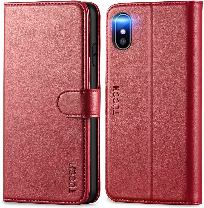 Photo 1 of TUCCH iPhone Xs Max Case, PU Leather Xs Max Wallet Case with RFID Blocking Card Slot, Stand Folio Cover, Auto Wake/Sleep Wireless Charging Shockproof TPU Shell Compatible with iPhone Xs Max Dark Red