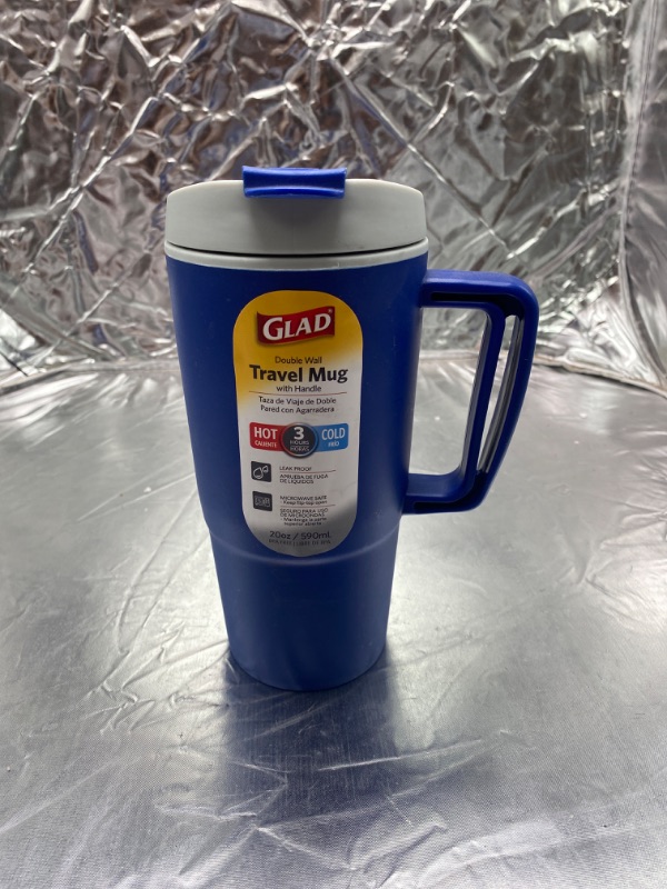 Photo 1 of GLAD double wall travel mug with handle for ho and cold , 20oz/ 590ML BLUE