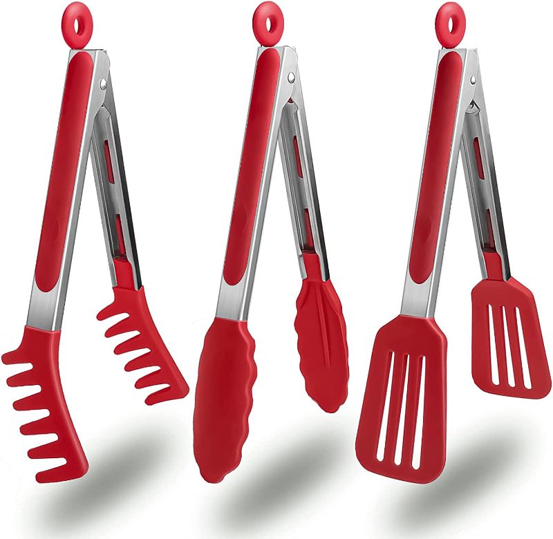 Photo 1 of Mini Silicone Serving Tongs Set of 5 Assorted Designs - Non-stick Small Kitchen Tongs (7 inch) with Silicone Tips and Stainless Steel Handle, Small Tongs for Steaks, Salads, Pasta,