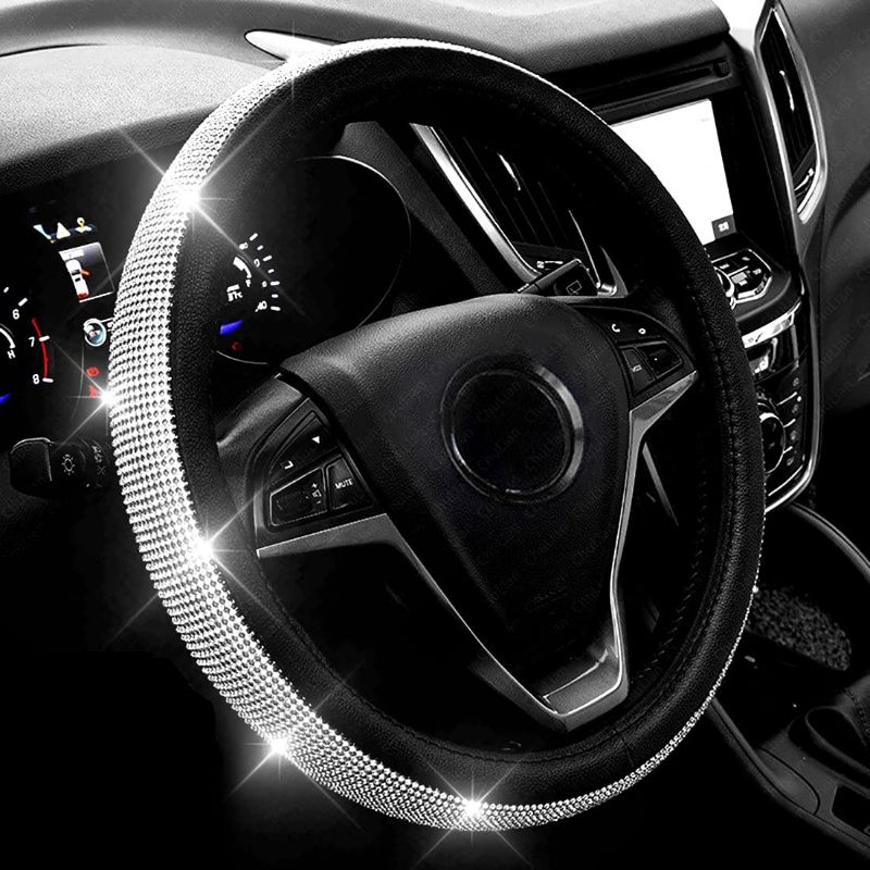 Photo 1 of New Diamond Leather Steering Wheel Cover with Bling Bling Crystal Rhinestones, Universal Fit 15 Inch Car Wheel Protector for Women Girls,Black
