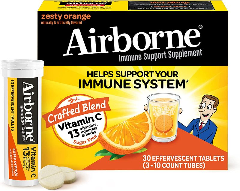 Photo 1 of Airborne 1000mg Vitamin C with Zinc, SUGAR FREE Effervescent Tablets, Immune Support Supplement with Powerful Antioxidants Vitamins A C & E - 30 Fizzy Drink Tablets, Zesty Orange Flavor
