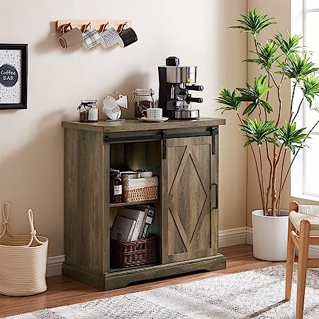 Photo 1 of Buffet Cabinet with Storage, Coffee Bar Cabinet, Sideboard Cabinet with Sliding Barn Door, Buffets & Sideboards for Kitchen Living Room  DESIGN DIFFERENT THAN IMAGE COLOR: WALNUT