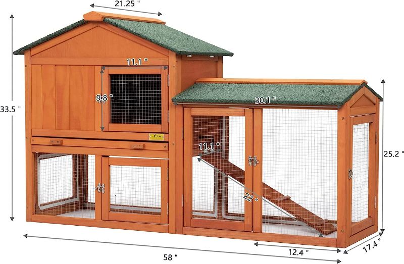 Photo 2 of COZIWOW 2-Tier Rabbit Hutch Indoor/Outdoor, Weatherproof Wooden Bunny Run Cag w/Ample Activity Areas Elevated Restroom, Double Story Guinea Pig Hutch, Small Animal Pens Hutches