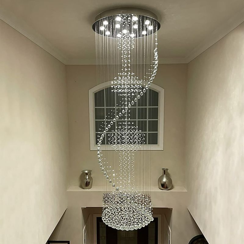 Photo 1 of 7PM Modern Crystal Spiral Raindrop Chandelier Flush Mount High Ceiling for Staircase, Foyer, or Entrance 