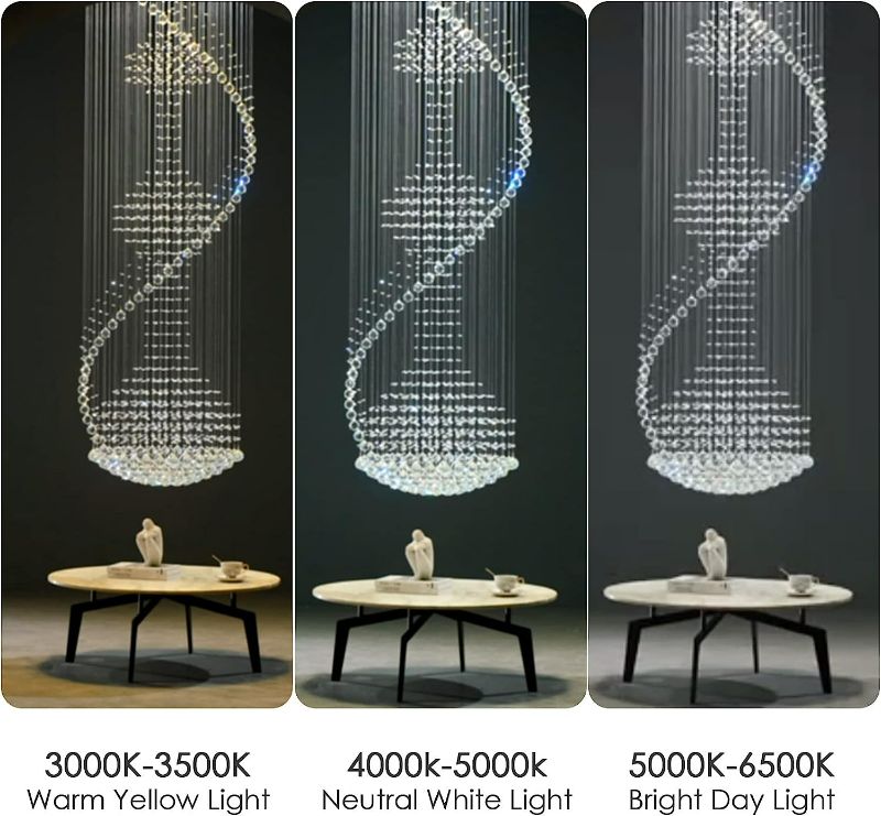 Photo 2 of 7PM Modern Crystal Spiral Raindrop Chandelier Flush Mount High Ceiling for Staircase, Foyer, or Entrance 