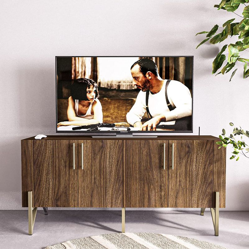 Photo 1 of "roomfitters" Walnut Mid Century Modern TV Stand for TVs up to 65", Sideboard Buffet Cabinet for Living Room, Walnut Entertainment Center with Doors, Credenza Media Console with Storage, Gold Legs
