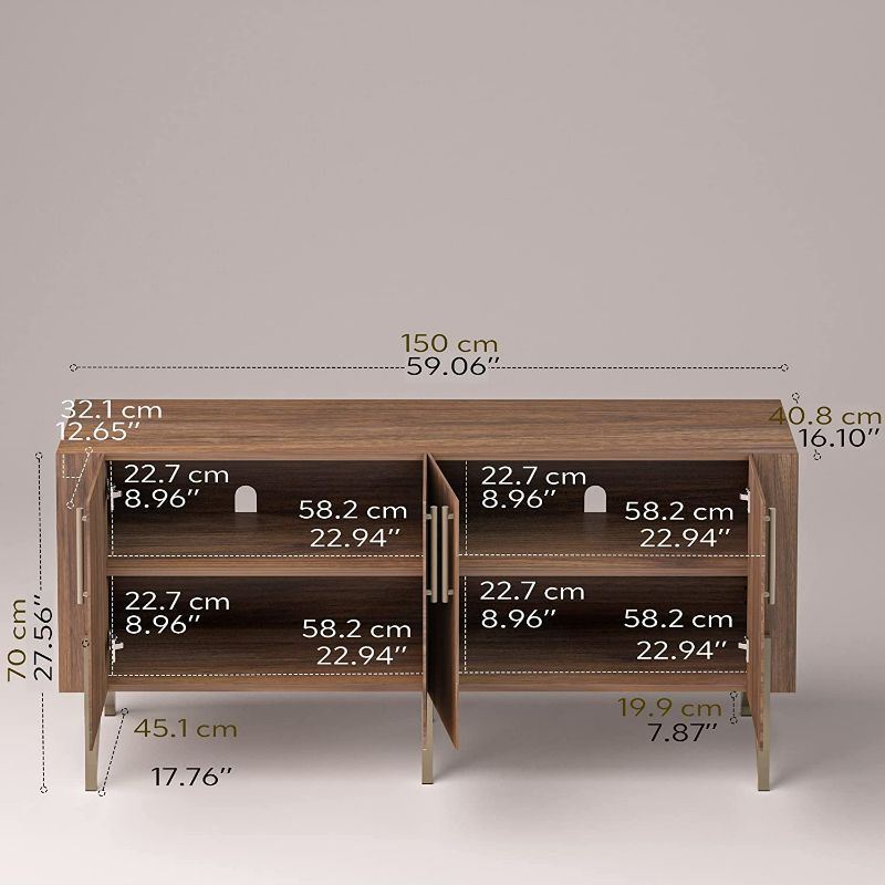 Photo 1 of "roomfitters" Walnut Mid Century Modern TV Stand for TVs up to 65", Sideboard Buffet Cabinet for Living Room, Walnut Entertainment Center with Doors, Credenza Media Console with Storage, Gold Legs
