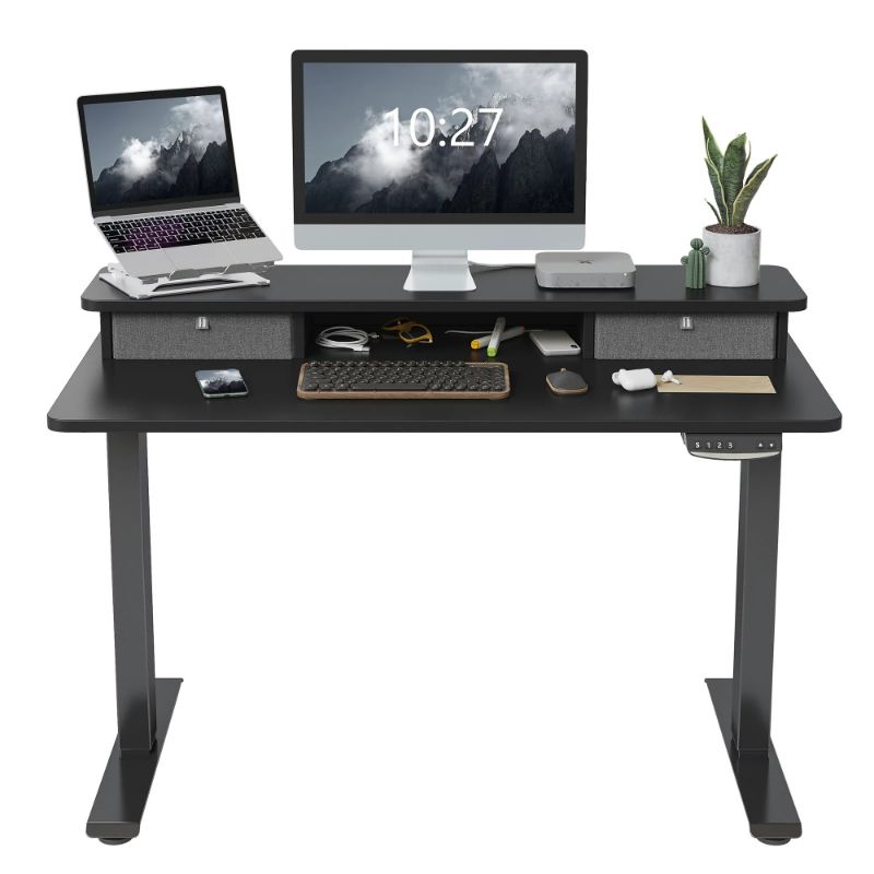 Photo 1 of FEZIBO Electric Standing Desk with Drawers and Storage Shelf, Sit Stand Desk with Splice Board, Black Finish