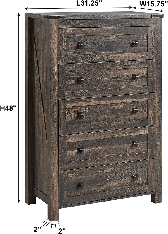 Photo 2 of T4TREAM Farmhouse 5 Drawers Dresser Chests for Bedroom, Wood Rustic Tall Chset of Drawers,Dressers Organizer for Bedroom, Living Room,Hallway, Dark Rustic Oak
