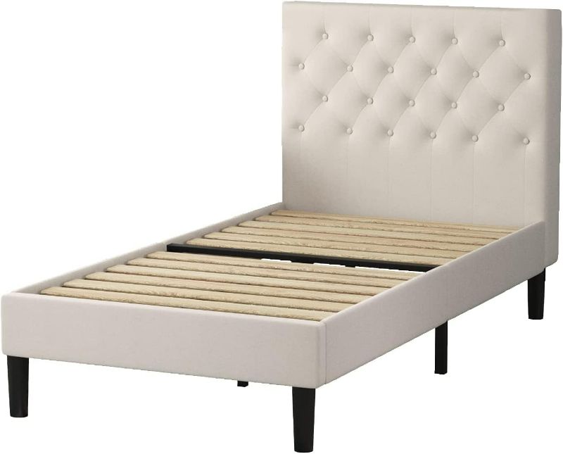 Photo 2 of Twin Bed Frame Upholstered with Button Tufted Headboard, Linen Fabric Modern Platform Bed Frame, Strong Wood Slat Support