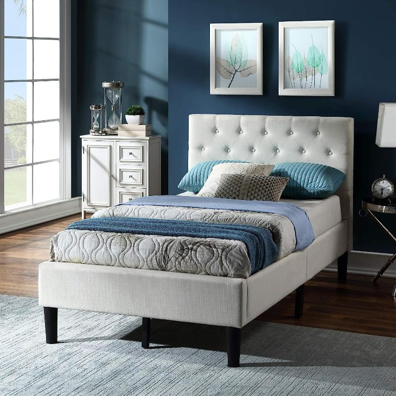 Photo 1 of Twin Bed Frame Upholstered with Button Tufted Headboard, Linen Fabric Modern Platform Bed Frame, Strong Wood Slat Support