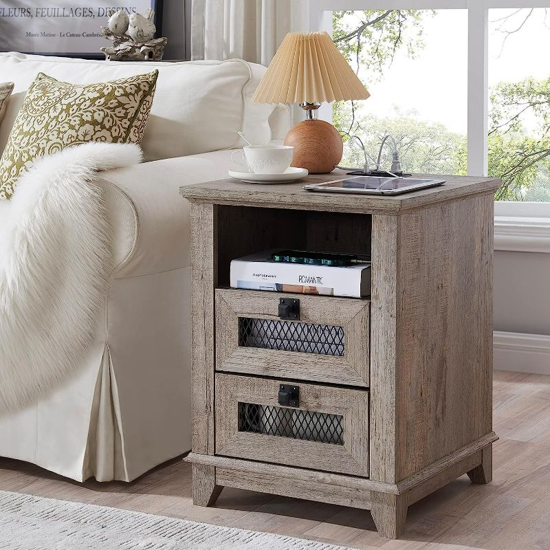 Photo 1 of Nightstand with Charging Station,OKD 18'' Industrial & Farmhouse End Table with 2 Drawers & Open Cubby