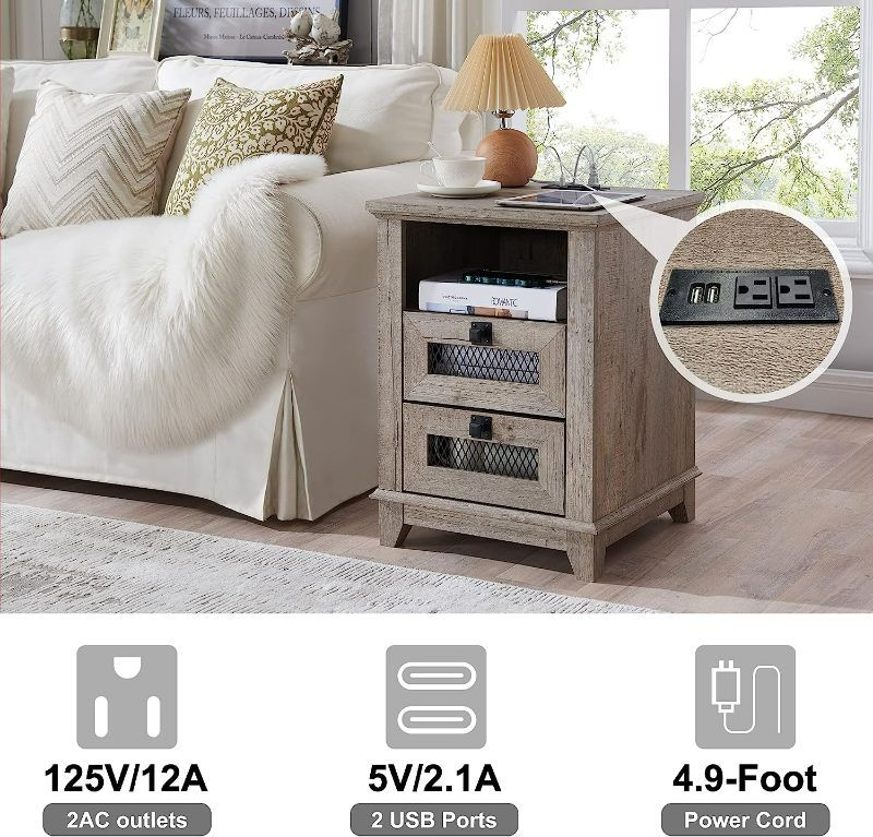 Photo 1 of Nightstand with Charging Station,OKD 18'' Industrial & Farmhouse End Table with 2 Drawers & Open Cubby