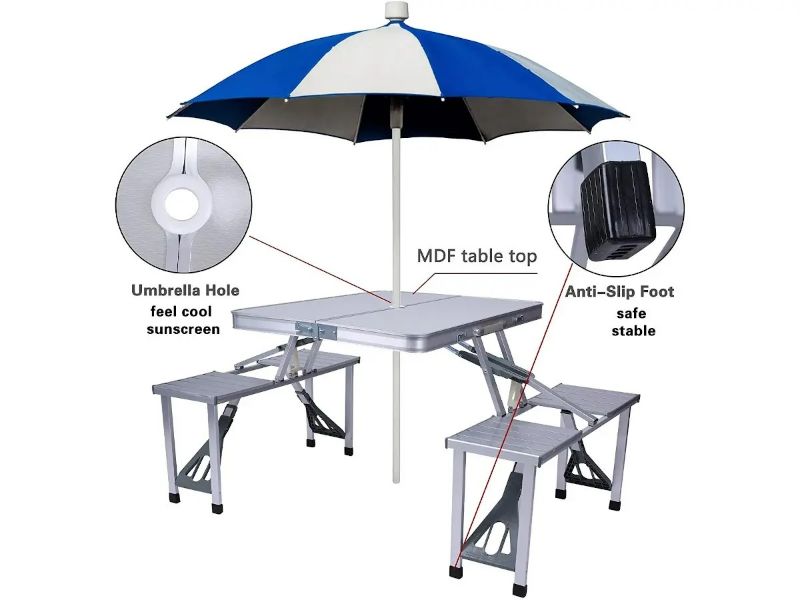 Photo 2 of Folding Camping Table Chair Set, Aluminum Suitcase Portable Camping Picnic Table with 4 Seats,Umbrella Hole for Party, BBQ, Beach(Silver)