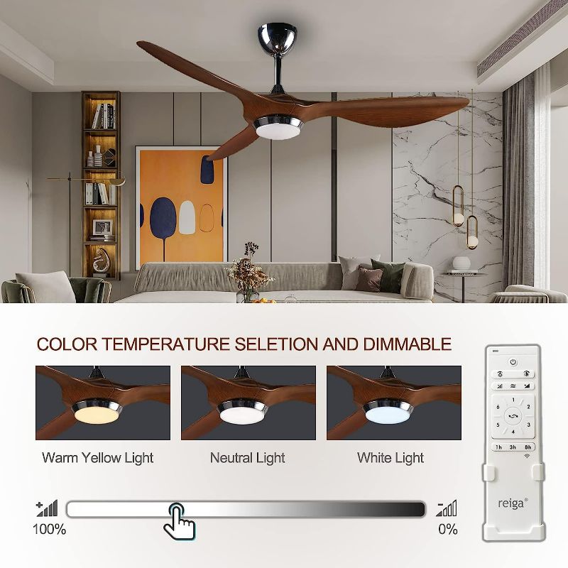 Photo 2 of Reiga 52-in Brown Modern High CFM Ceiling Fan with 3 Wood Grain Color Blades, Dimmable LED Lights, and Remote Control