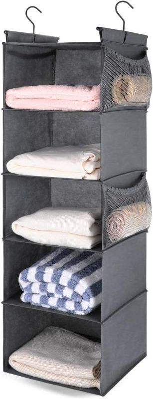 Photo 1 of MAX Houser 5 Shelf Hanging Closet Organizer, Space Saver, Cloth Hanging Shelves with 4 Side Pockets, Foldable, Grey