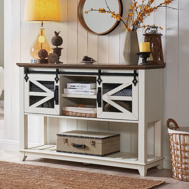 Photo 1 of White OKD Entryway Table w/Sliding Barn Doors, 46'' Farmhouse & Industrial Console Table with Storage