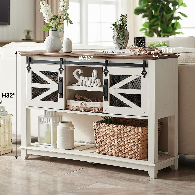 Photo 2 of White OKD Entryway Table w/Sliding Barn Doors, 46'' Farmhouse & Industrial Console Table with Storage