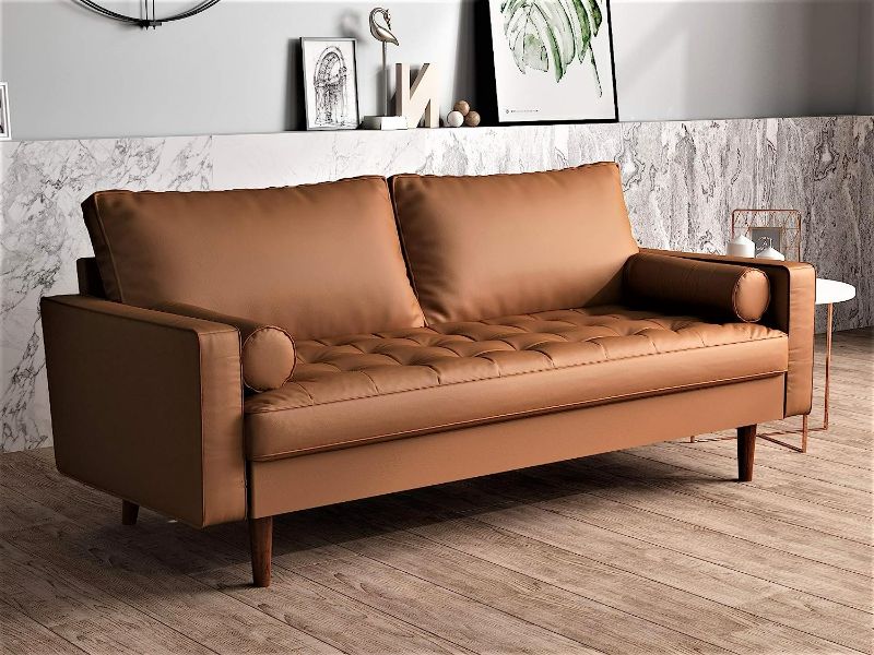 Photo 2 of Container Furniture Direct Womble Mid Century Modern Pu Leather Upholstered Tufted Seat with Bolster Pillows, Sofa, Coffee Brown 
-PARTS ONLY-