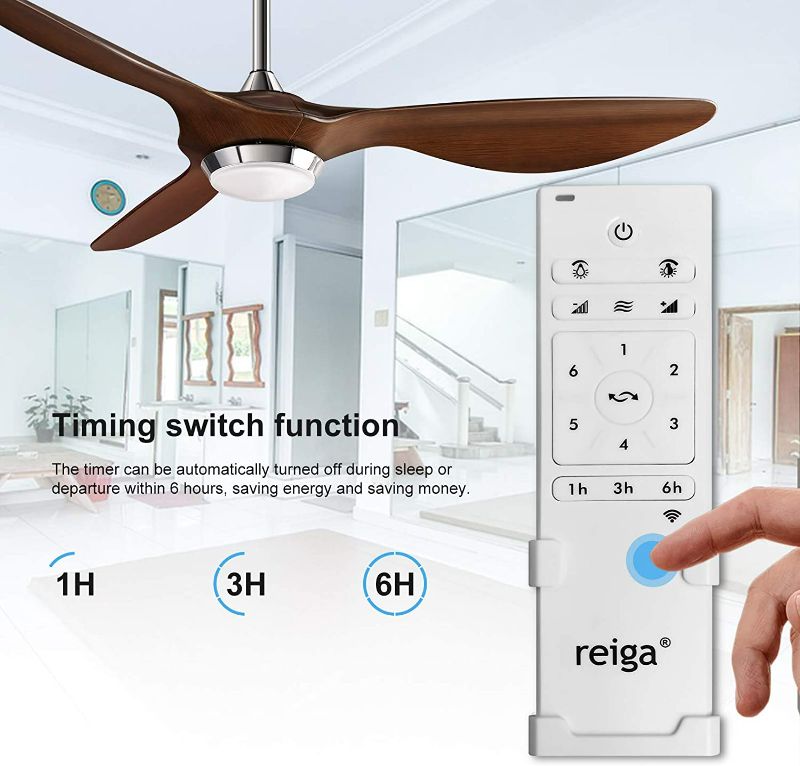 Photo 2 of reiga 52-in Brown Modern High CFM Ceiling Fan with 3 Wood Grain Color Blades Dimmable LED Lights Remote Control Reversible ETL DC Moto