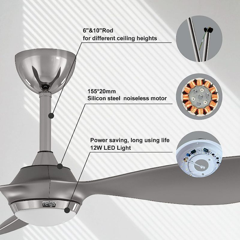 Photo 2 of reiga 52-in Silver Ceiling Fan with Dimmable LED Light Kit Remote Control Modern Blades Reversible DC Motor