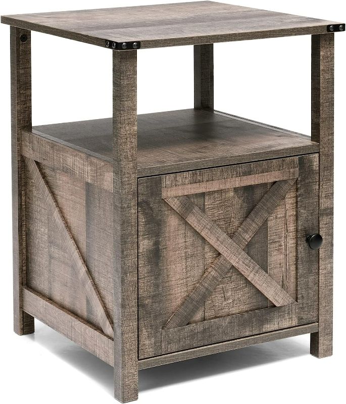 Photo 1 of JOINHOM Farmhouse Nightstand Bedroom, End Table with Barn Door and Shelf, Wooden Side Table