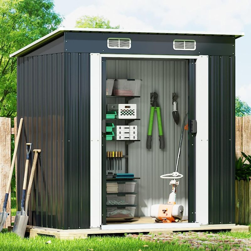 Photo 1 of HOGYME Storage Shed 6' x 3.6' Outdoor Storage Metal Shed Garden Sheds with Double Sliding Door, Steel Tool Sheds for Lawnmower, Generator, Bike, Trash Can Gray 